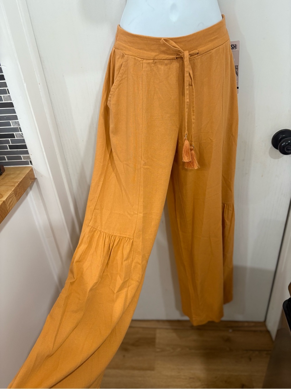 Rewash bohemian comfy Wide-Leg Tassel Tie Pants in Mustard